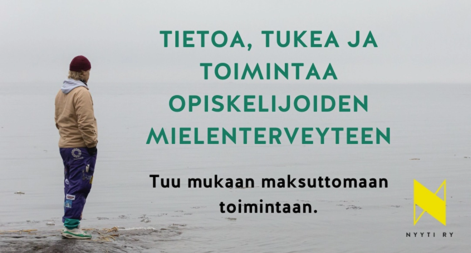 Opiskelijamies seisoo veden ääressä kiven päälle ja katsoo kaukaisuuteen. Tekstinä: Tietoa, tukea ja toimintaa opiskelijoiden mielenterveyteen. Tuu mukaan maksuttomaan toimintaan.